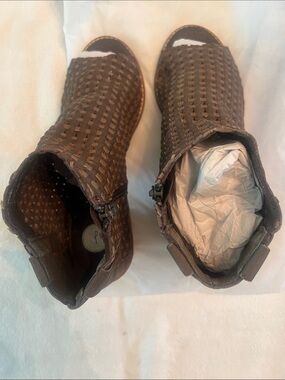 Woven Peep-Toe Ankle Booties in Brown
